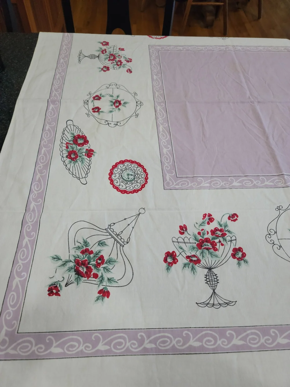 Vintage Rectangular Cotton Tablecloth White Lavender Floral Print